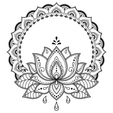 Kına çizimi ve dövme için Mehndi Lotus çiçek deseni. Etnik doğuya özgü dekorasyon, Hint tarzı. Karalama süsü. El çizimi vektör illüstrasyonu.