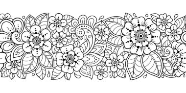 Kına çizimi ve dövme için Mehndi çiçeğiyle kusursuz sınır deseni. Etnik doğuya özgü dekorasyon, Hint tarzı. Karalama süsü. El çizimi vektör illüstrasyonu.