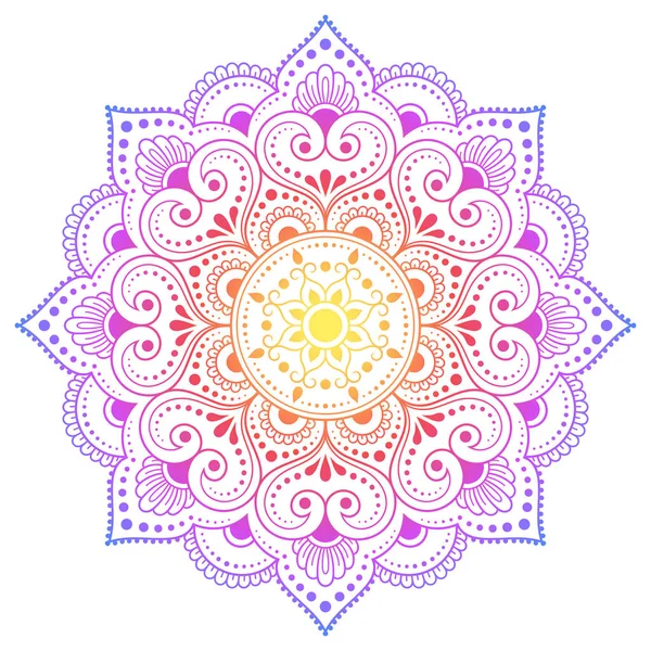 Kına, Mehndi, dövme ve dekorasyon için çiçekli dairesel desen. Etnik doğu tarzında dekoratif süs. Beyaz arkaplanda gökkuşağı tasarımı.