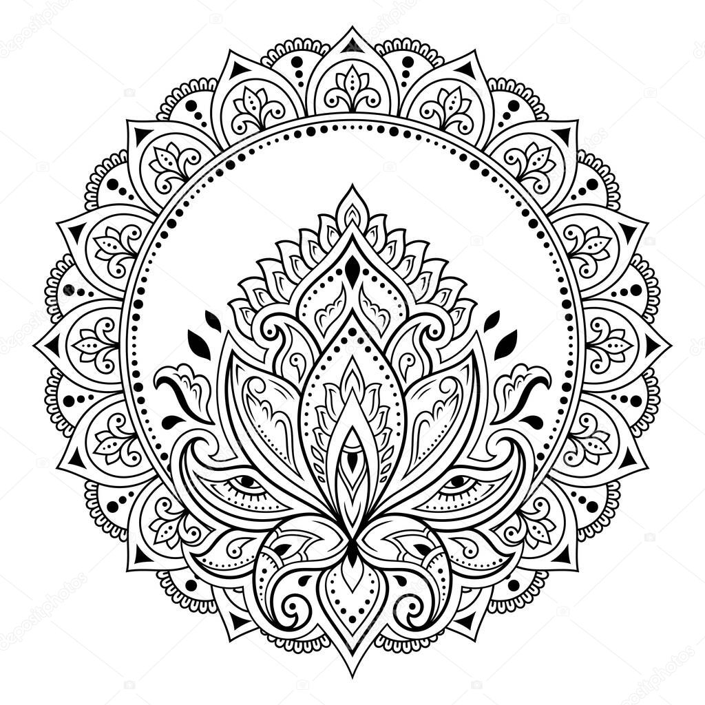 Frame in eastern tradition. Stylized with henna tattoos decorative pattern for decorating covers for book, notebook, casket, magazine, postcard and folder. Lotus flower mandala in mehndi style.