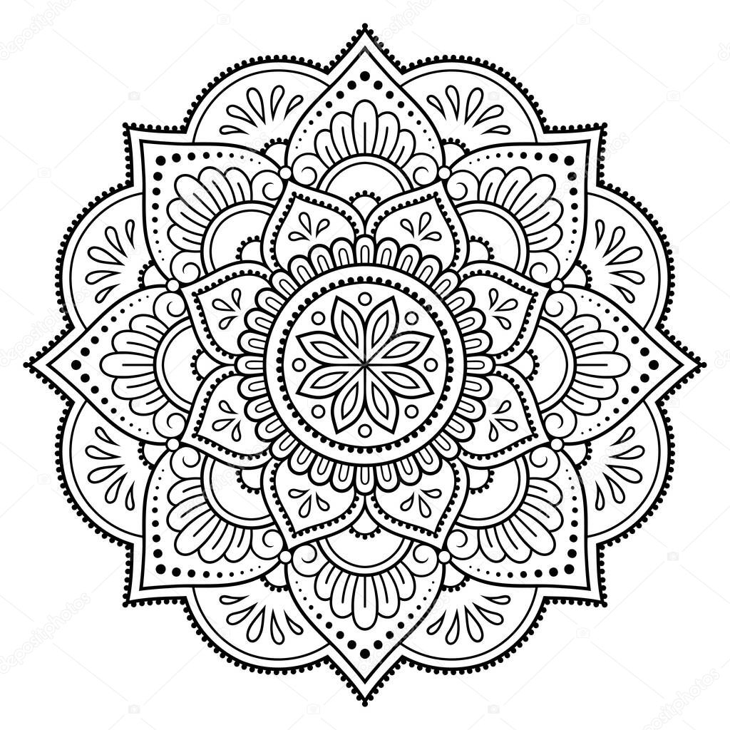 Circular pattern in form of mandala with flower for Henna, Mehndi, tattoo, decoration. Decorative ornament in ethnic oriental style. Outline doodle hand draw vector illustration.