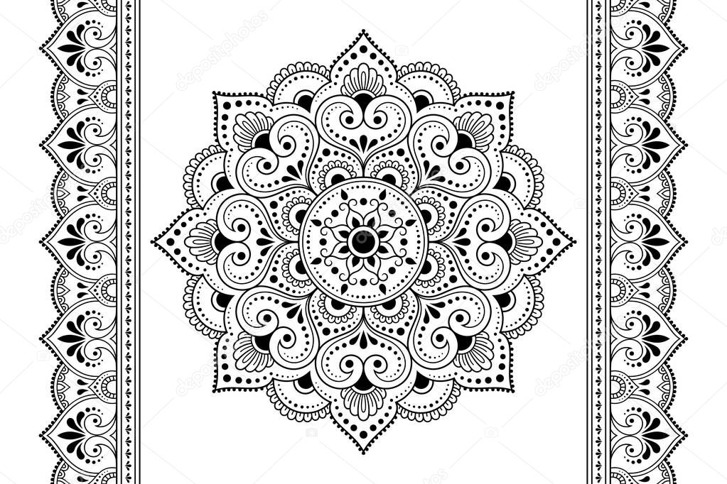 Set of mandala pattern and seamless border for Henna drawing and tattoo. Decoration in ethnic oriental mehndi, Indian style. Doodle ornament in black and white. Hand draw vector illustration.