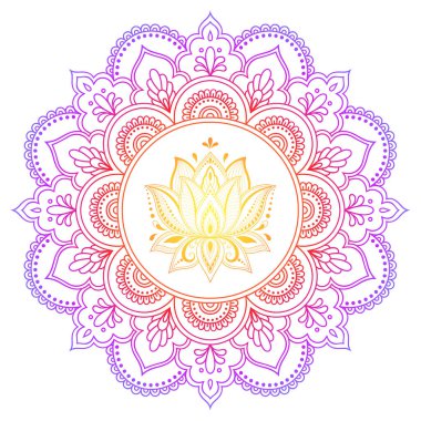 Henna, Mehndi, dövme ve süsleme için nilüfer çiçeği içeren dairesel desen. Etnik doğu tarzında dekoratif süs. Beyaz arkaplanda gökkuşağı deseni.