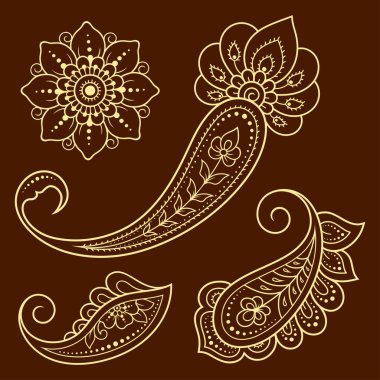 Mehndi çiçek desenleri ve kına çizimi ve dövme için mandala. Etnik doğuya özgü dekorasyon, Hint tarzı. Karalama süsü. El çizimi vektör illüstrasyonu.