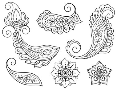 Mehndi çiçek desenleri ve kına çizimi ve dövme için mandala. Etnik doğuya özgü dekorasyon, Hint tarzı. Karalama süsü. El çizimi vektör illüstrasyonu.