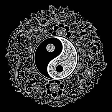 Henna, Mehndi, dövme, dekorasyon için mandala şeklinde dairesel desen. Etnik doğu tarzında dekoratif süsleme ve Yin-yang el çizimi sembolü. Çizgi karalama vektörü çizimi.