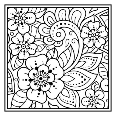 Resim kitabı sayfası için mehndi tarzında kare desen çiz. Yetişkinler ve çocuklar için stres önleyici. Siyah beyaz karalama süsü. El çizimi vektör illüstrasyonu.