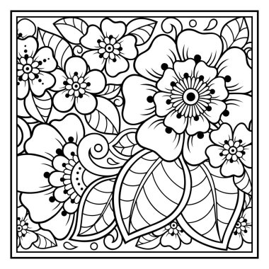 Resim kitabı sayfası için mehndi tarzında kare desen çiz. Yetişkinler ve çocuklar için stres önleyici. Siyah beyaz karalama süsü. El çizimi vektör illüstrasyonu.