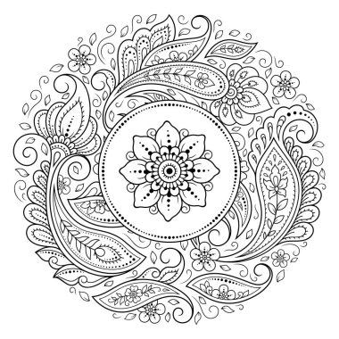 Kitap sayfasını boyamak için Mehndi tarzında yuvarlak çiçek deseni çiz. Yetişkinler ve çocuklar için stres önleyici. Siyah beyaz karalama süsü. El çizimi vektör illüstrasyonu.