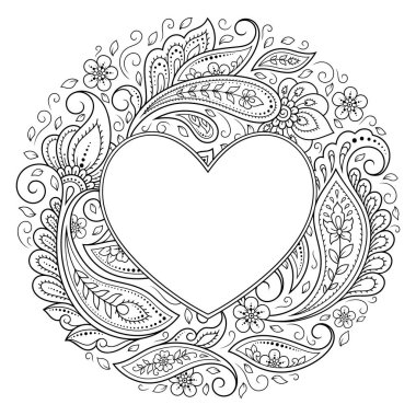 Mandala şeklinde dairesel desen, kalp şeklinde çerçeve. Etnik doğulu mehndi tarzında dekoratif süs. Taslak çizim el çizimi vektör çizimi. Stres karşıtı boyama kitabı sayfası.