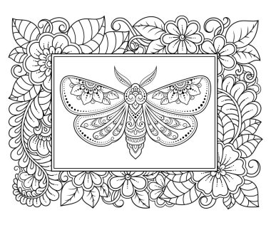 Kınalı dövme dekoratif desenli defter, defter, tabut, kartpostal ve klasör. Çiçek güvesi ve sınır mehndi tarzında. Doğu geleneğinde çerçeve.