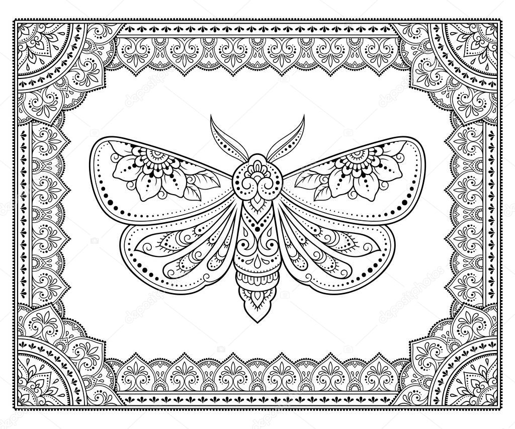 Stylized with henna tattoos decorative pattern for decorating covers book, notebook, casket, postcard and folder. Mandala, flower, moth and border in mehndi style. Frame in the eastern tradition.