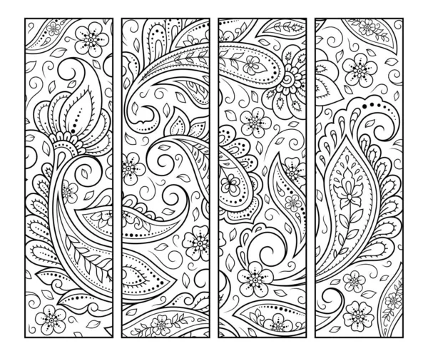 Bookmark Book Coloring Set Black White Labels Floral Doodle Patterns — Stock Vector