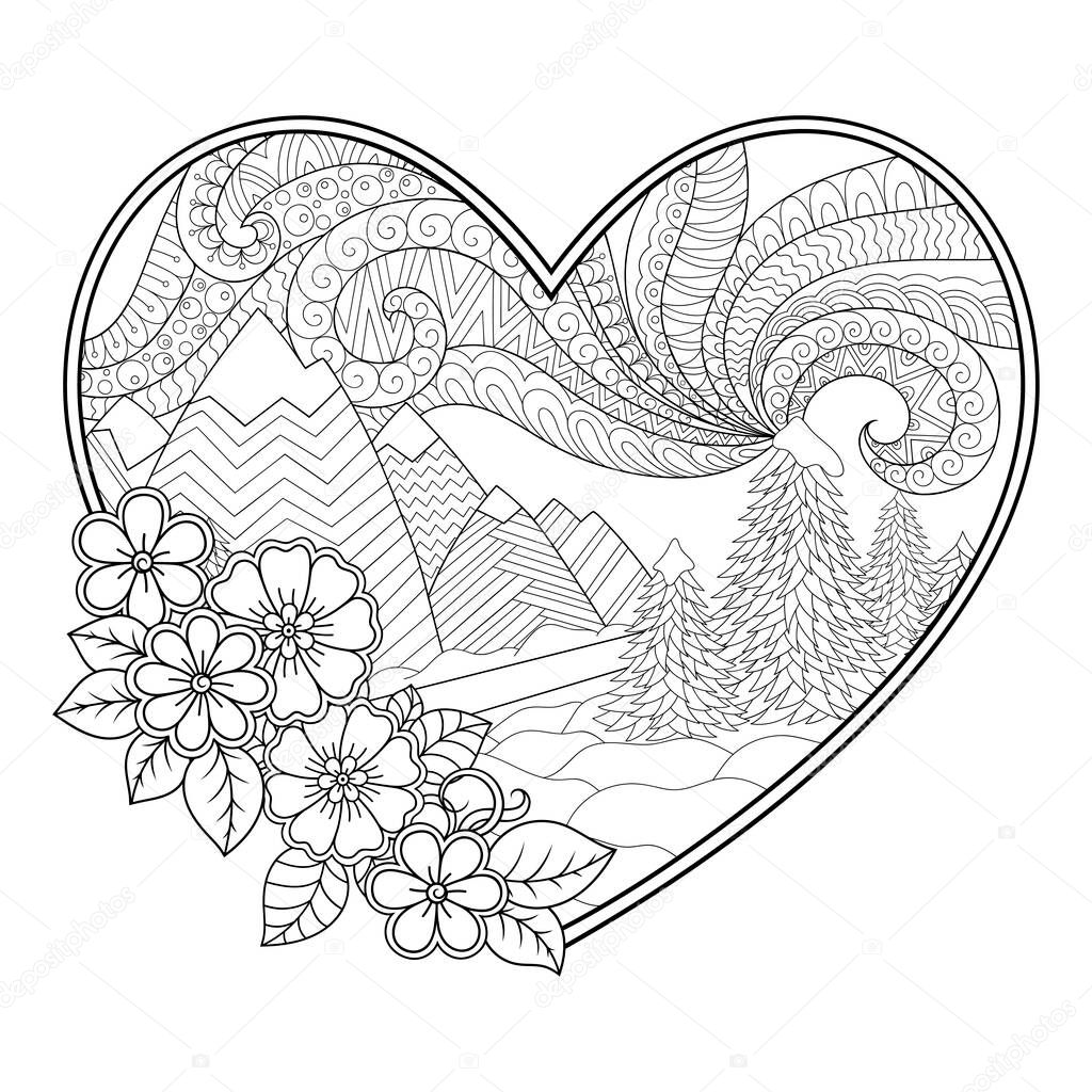 Doodle pattern in black and white. Winter Landscape - road, trees, mountains, polar lights, snow drifts - coloring book for children. Frame in form of heart.