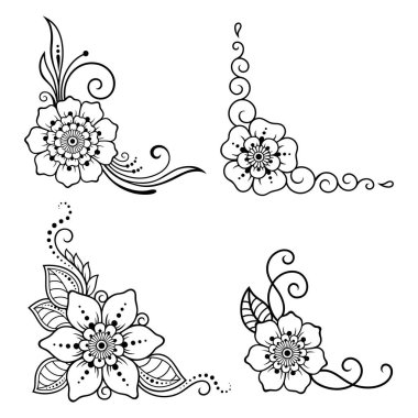 Kına çizimi ve dövme için Mehndi çiçek desenli bir set. Etnik doğulu Hint tarzında köşe şeklinde dekoratif bir unsur. Karalama süsü. El çizimi vektör illüstrasyonu.