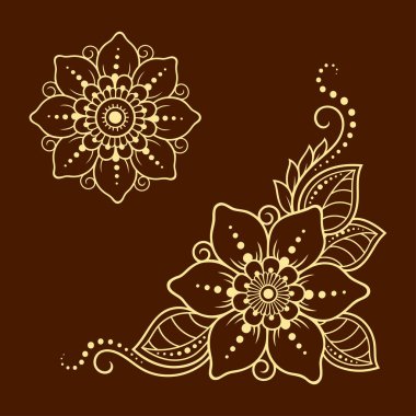 Kına çizimi ve dövme için Mehndi çiçek desenli bir set. Etnik doğuya özgü dekorasyon, Hint tarzı. Karalama süsü. El çizimi vektör illüstrasyonu.
