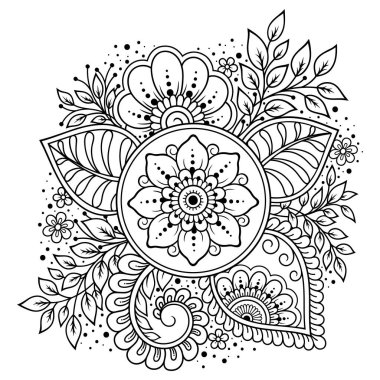 Mehndi çiçek deseni ve kına çizimi ve dövme için mandala. Etnik doğuya özgü dekorasyon, Hint tarzı. Karalama süsü. El çizimi vektör illüstrasyonu.