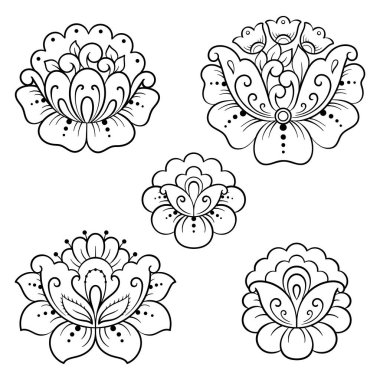 Kına çizimi ve dövme için Mehndi çiçek desenli bir set. Etnik doğuya özgü dekorasyon, Hint tarzı. Karalama süsü. El çizimi vektör illüstrasyonu.