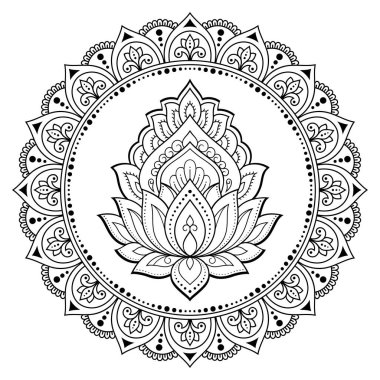 Henna, Mehndi, dövme ve süsleme için nilüfer çiçeği içeren dairesel desen. Etnik doğu tarzında dekoratif süs. Çizim el çizimi vektör illüstrasyonuName.
