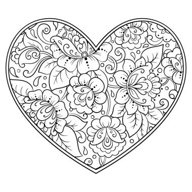 Kına çizimi ve dövme için kalp şeklinde Mehndi çiçek deseni. Etnik doğuya özgü dekorasyon, Hint tarzı. Sevgililer Günü selamları. Boyama kitabı sayfası.