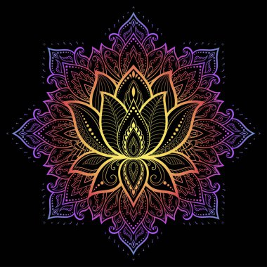 Henna, Mehndi, dövme ve süsleme için nilüfer çiçeği içeren dairesel desen. Etnik doğu tarzında dekoratif süs. Siyah arkaplanda gökkuşağı deseni.