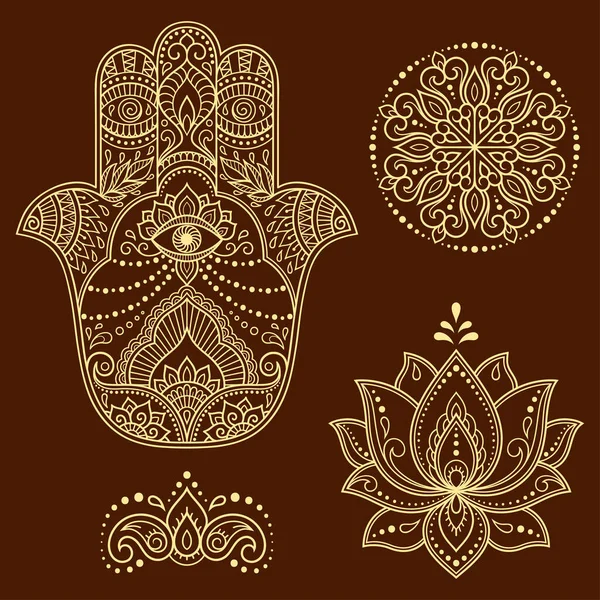 Hamsa el çizimi sembolü, nilüfer çiçeği ve mandala. İç dekorasyon ve kına çizimleri için doğu tarzı dekoratif desen. Antik işaret 