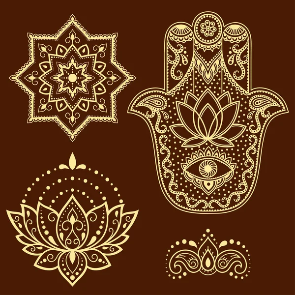 ハムサ手描きのシンボル 蓮の花と曼荼羅のセット 室内装飾やヘナ図面のための東洋スタイルの装飾パターン ファティマの手 の古跡 — ストックベクタ