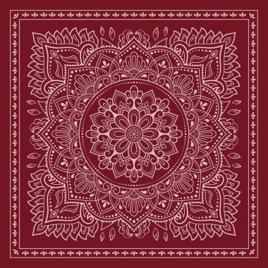 Çiçeklerin dekoratif deseni ve kumaşa baskı yapmak için şal deseni. Bandana için kırmızı süs, ipek bir atkı, masa örtüsü ya da mendil. Kabile ya da doğu tarzında kare çizimi.