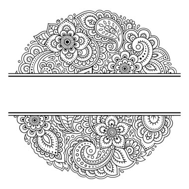 Doğu geleneğinde çerçeve. Kınalı dövmeler, defter, tabut, dergi, kartpostal ve klasör için dekoratif desenler. Mehndi tarzında çiçek mandala.