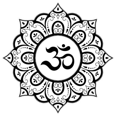 Mandala şeklinde dairesel desen. Kına, Mehndi, dövme, süsleme için. Doğu tarzında dekoratif süs, eski Hindu mantra OM ile. Çizgi karalama vektörü çizimi.