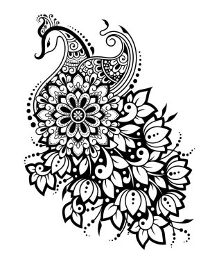 Kına çizimi ve dövme için tavus kuşu desenli Mehndi çiçeği deseni. Etnik doğuya özgü dekorasyon, Hint tarzı. Karalama süsü. El çizimi vektör illüstrasyonu.