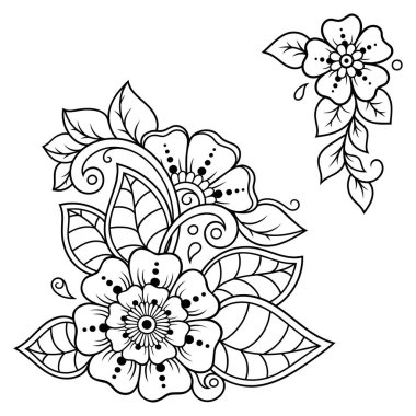Kına çizimi ve dövme için Mehndi çiçek desenli bir set. Etnik doğuya özgü dekorasyon, Hint tarzı. Karalama süsü. El çizimi vektör illüstrasyonu.