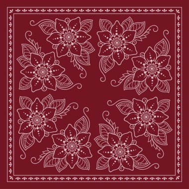 Çiçeklerin dekoratif deseni ve kumaşa baskı yapmak için şal deseni. Bandana için kırmızı süs, ipek bir atkı, masa örtüsü ya da mendil. Kabile ya da doğu tarzında kare çizimi.