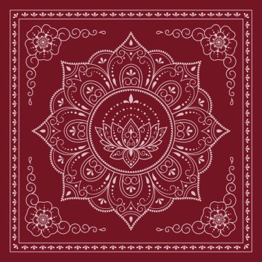 Henna, Mehndi ve dekorasyon için nilüfer çiçeği ile mandala şeklinde dairesel desen. Bir bandana için etnik doğu tarzında kırmızı dekoratif süs. Çizim el çizimi vektör illüstrasyonuName.