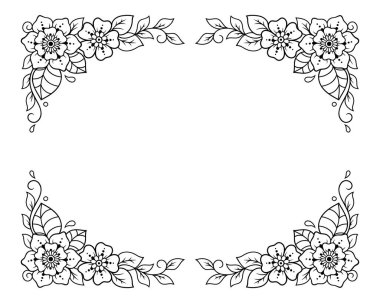 Kınalı dövmeler, defter, tabut, dergi, kartpostal ve klasör için dekoratif desenler. Mehndi tarzında çiçek. Doğu geleneğinde çerçeve.