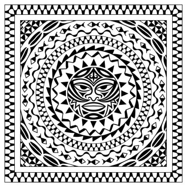 Şimşek benzeri Tiki ile dekoratif desen basım için Tanrı 'nın sembolü maskesidir. Geleneksel Maori kabilesi sınırı, Moko. Bandana, ipek fular, masa örtüsü ya da mendil için kare süsleme. 