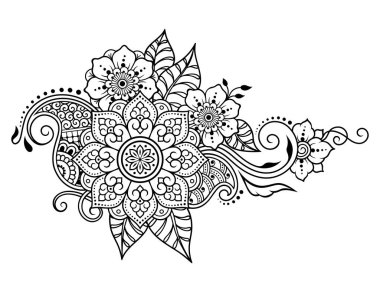 Mehndi çiçek deseni ve kına çizimi ve dövme için mandala. Etnik doğuya özgü dekorasyon, Hint tarzı. Karalama süsü. El çizimi vektör illüstrasyonu.