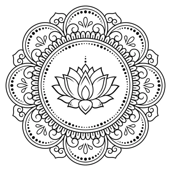 Henna, Mehndi, dövme ve süsleme için nilüfer çiçeği içeren dairesel desen. Etnik doğu tarzında dekoratif süs. Çizim el çizimi vektör illüstrasyonuName.