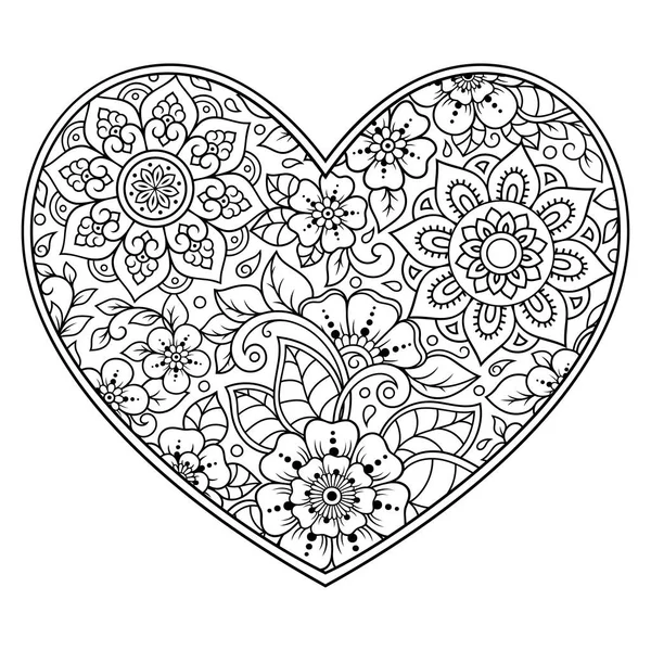 Modello Fiore Mehndi Forma Cuore Disegno Tatuaggio Henna Decorazione Stile — Vettoriale Stock