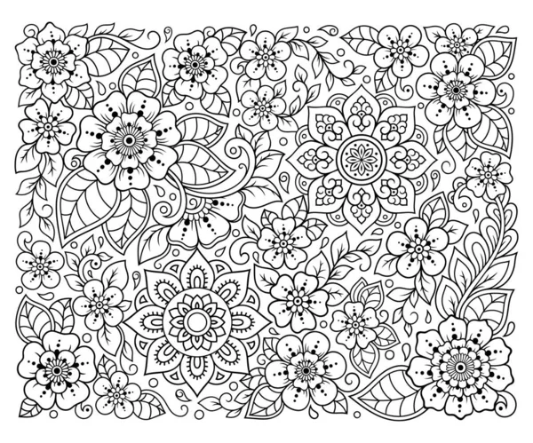 ページを着色するためのMendiスタイルの花のパターンを概説します 大人と子供のための抗ストレス 黒と白の人形の飾り 手描きベクトルイラスト — ストックベクタ