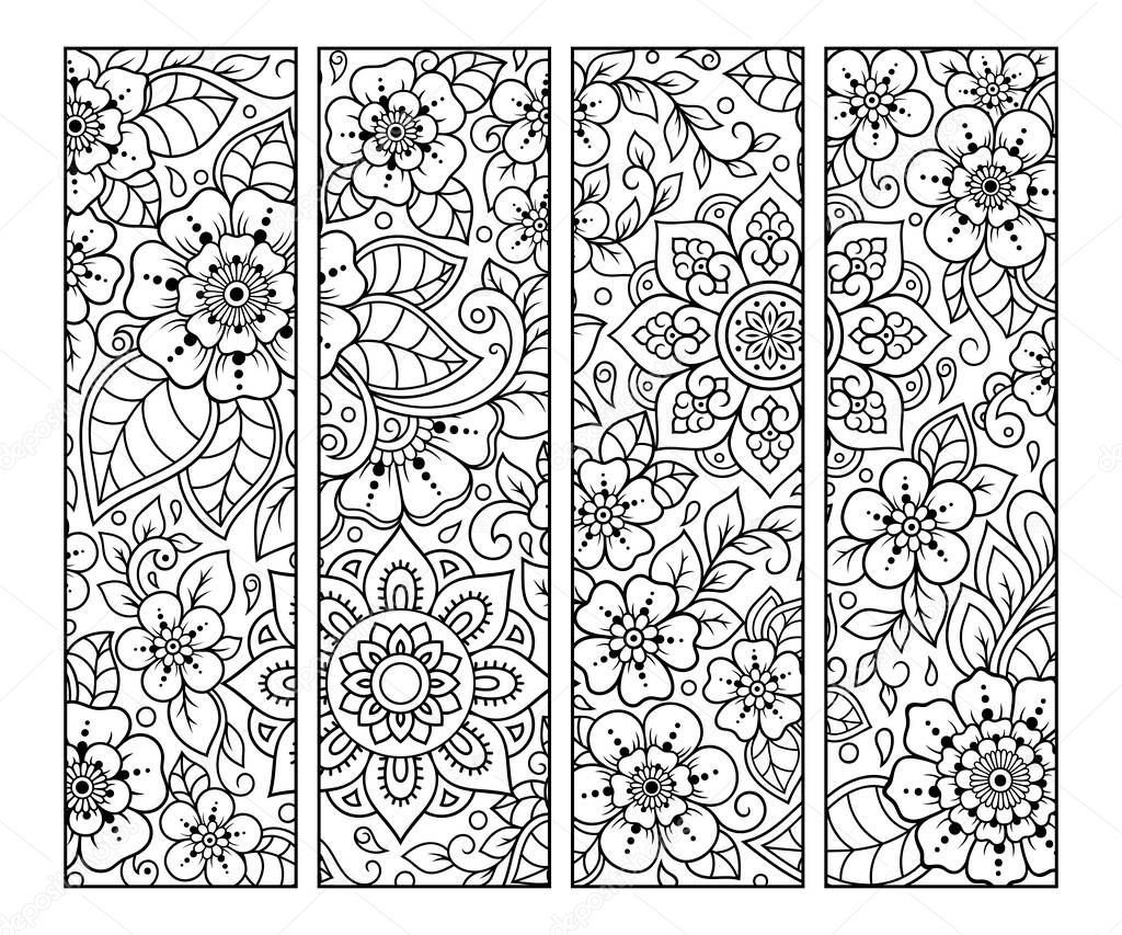 Bookmark for book - coloring. Set of black and white labels with floral doodle patterns, hand draw in mehndi style. Sketch of ornaments for creativity of children and adults with colored pencils.