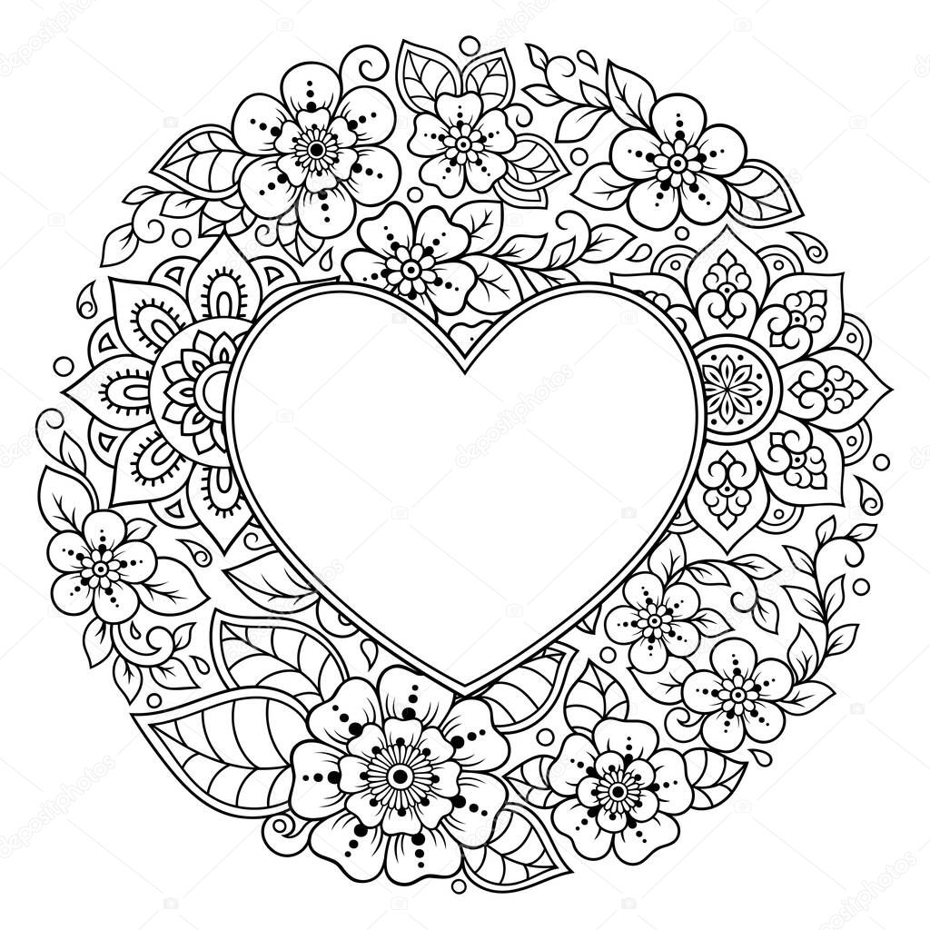 Circular pattern in form of mandala with frame in shape of heart. Decorative ornament in ethnic oriental mehndi style. Outline doodle hand draw vector illustration. Antistress coloring book page.