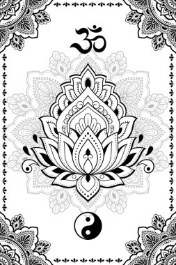Doğu etnik dini semboller seti. Mandala ve OM mantrası, Yin Yang, Lotus çiçeği. Kına için dekoratif desen, mehndi, dövmeler, oda dekorasyonu. Çizgi karalama vektörü çizimi.