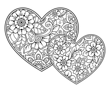 Kına çizimi ve dövme için kalp şeklinde Mehndi çiçek deseni. Etnik doğuya özgü dekorasyon, Hint tarzı. Sevgililer Günü selamları. Boyama kitabı sayfası.