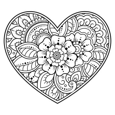 Kına çizimi ve dövme için kalp şeklinde Mehndi çiçek deseni. Etnik doğuya özgü dekorasyon, Hint tarzı. Sevgililer Günü selamları. Boyama kitabı sayfası.