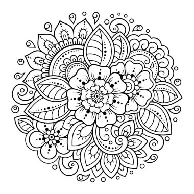 Kitap sayfasını boyamak için Mehndi tarzında yuvarlak çiçek deseni çiz. Yetişkinler ve çocuklar için stres önleyici. Siyah beyaz karalama süsü. El çizimi vektör illüstrasyonu.