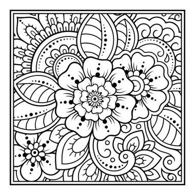Resim kitabı sayfası için mehndi tarzında kare desen çiz. Yetişkinler ve çocuklar için stres önleyici. Siyah beyaz karalama süsü. El çizimi vektör illüstrasyonu.