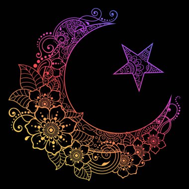 Yıldızın ve Hilal 'in dini sembolü, mehndi tarzında çiçekli. Dövme ve yapım için dekoratif imza. Doğu Müslüman sembolü. Siyah arkaplanda gökkuşağı renk deseni.