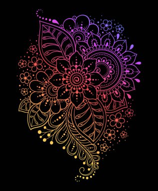 Kına çizimi ve dövme için Mehndi çiçek deseni. Etnik doğuya özgü dekorasyon, Hint tarzı. Karalama süsü. El çizimi vektör çizimi. Siyah arkaplanda gökkuşağı tasarımı.