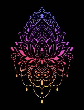 Mehndi ve Henna çizimleri için renkli nilüfer çiçeği deseni. El çizimi nilüfer sembolü. Etnik doğuya özgü dekorasyon, Hint tarzı. Siyah arkaplanda gökkuşağı tasarımı.